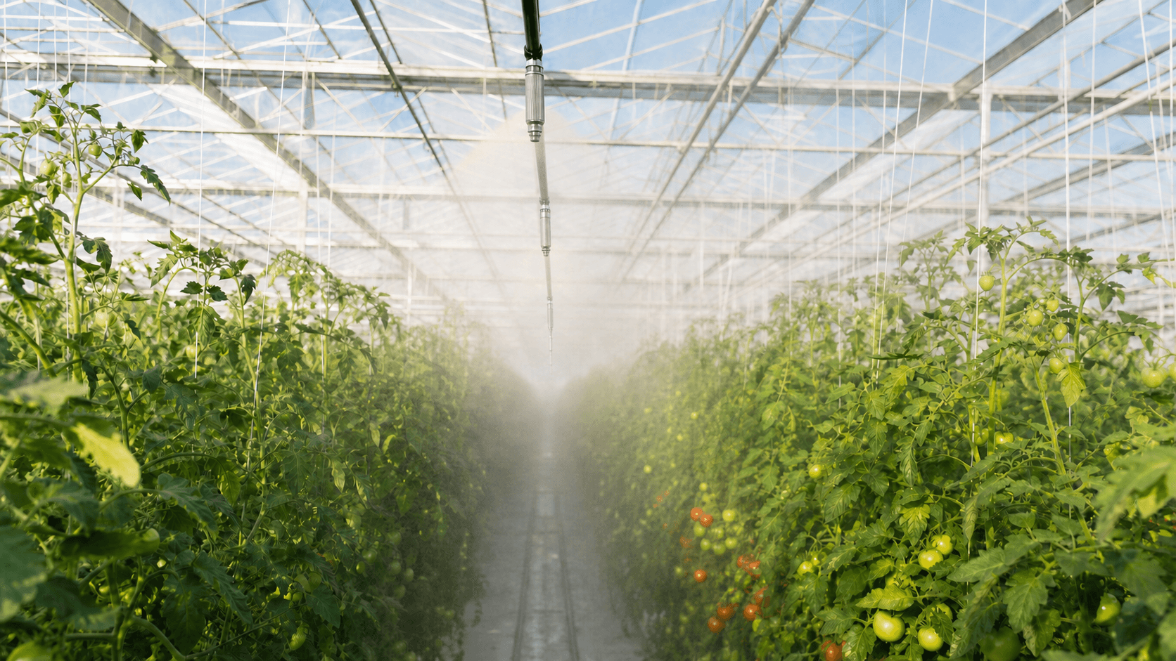 Greenhouse misting system for cooling and spraying